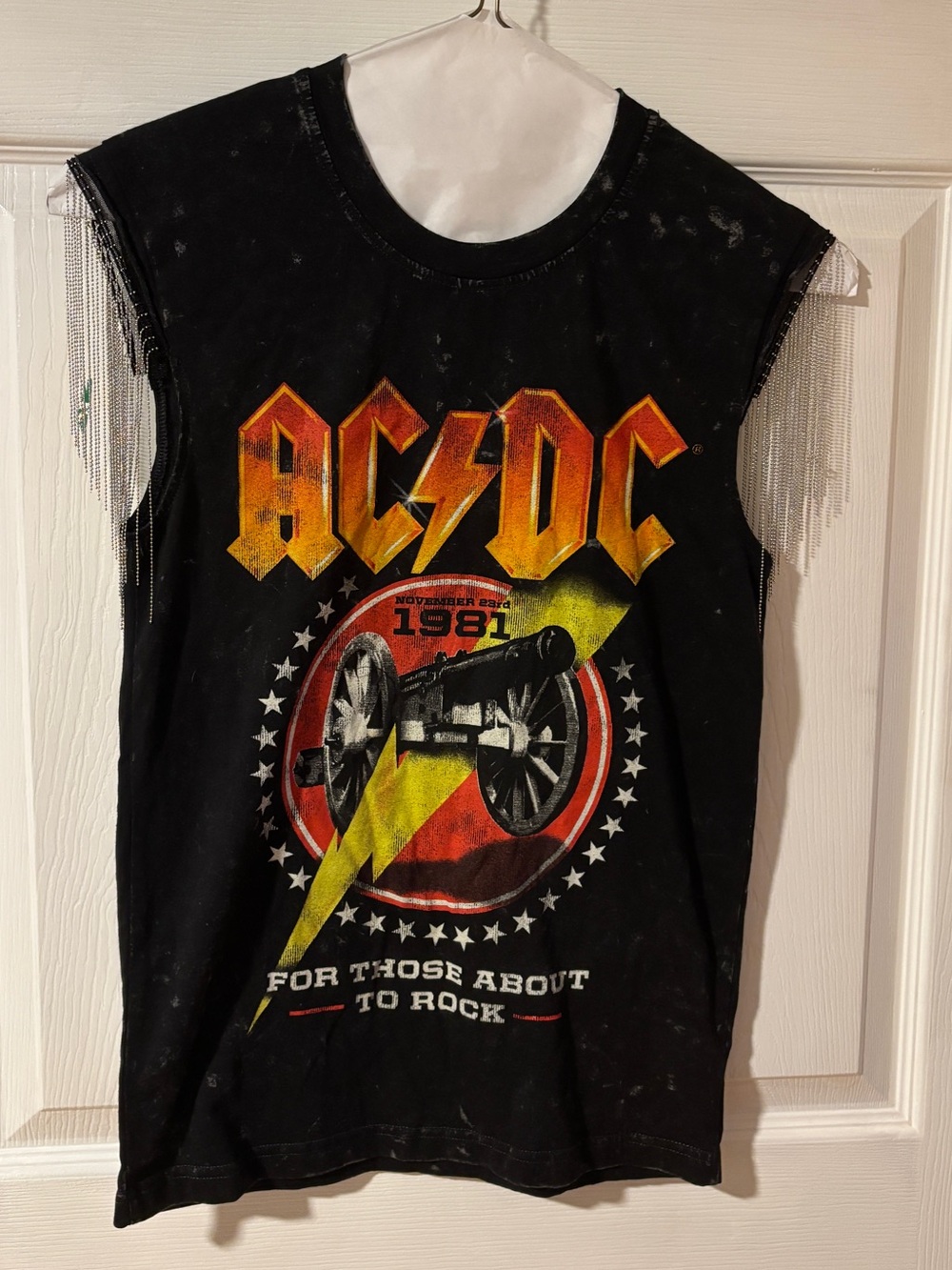 AC/DC Band Tank Top in Black with Yellow & Red Graphic and Chain Sleeves XS